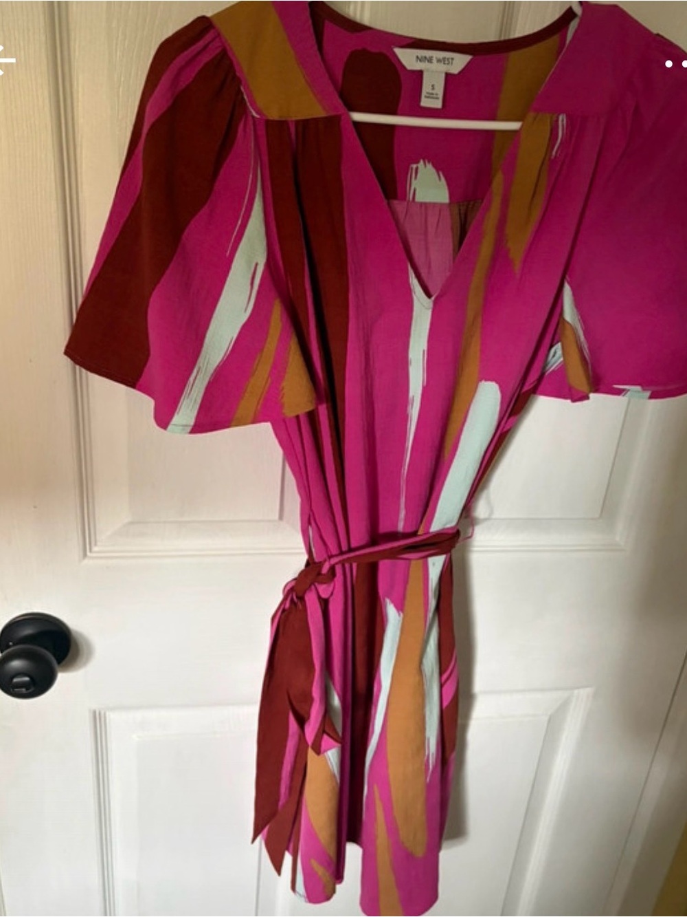 Nine West Hot Pink Multi-Striped V-Neck Tie-Waist Mini Dress